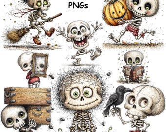 Halloween Skeleton Clipart Quirky Spooky Pumpkin Raven Watercolor PNG Printable Bundle Commercial Use