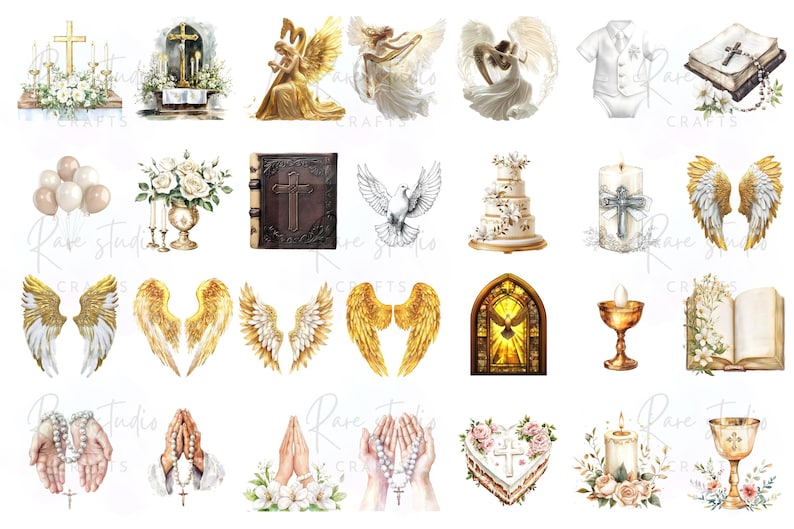 Pastel floral baptism clipart bundle with watercolor elements for invitations and cards