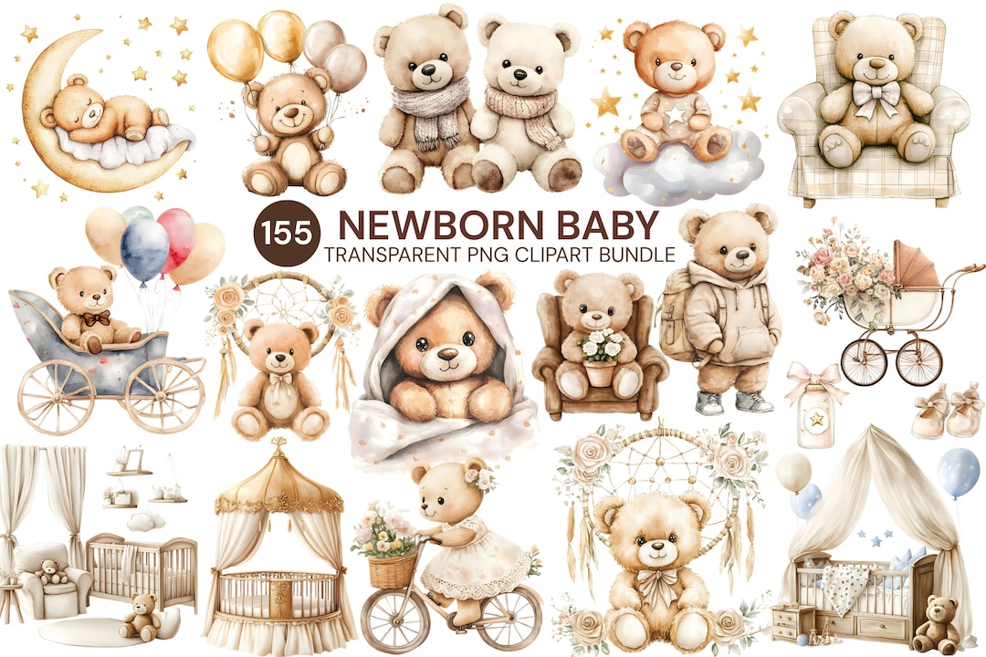 Watercolor Teddy Bear Clipart Bundle: Beige Nursery Art (PNG Digital ...