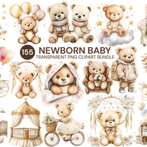 Newborn Baby Teddy Bear Clipart Bundle | Beige Nursery Wall Art PNG | Baby Shower Decorations | Cute Boho Baby Clip Art