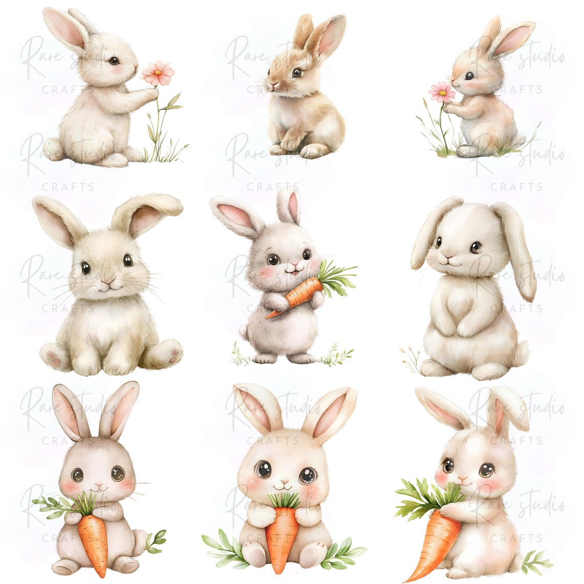 Watercolor Baby Bunny Clipart Bundle PNG, Rabbit Nursery Art ...