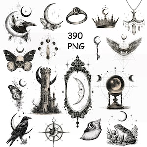 Puede incluir: Una colección de 390 ilustraciones digitales en blanco y negro con motivos góticos y celestiales, incluyendo un cuervo, calavera, luna creciente, cristal, anillo, corona, espejo ornamentado, torre, brújula, concha, rana y setas con el texto 390 PNG.