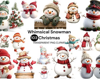 Pacchetto di clipart natalizie con pupazzi di neve stravaganti, pupazzi di neve invernali ad acquerello, download digitale in formato PNG