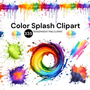 May include: A collection of colorful watercolor splash clipart elements. The image features various abstract paint splatters in vibrant hues, including blue, green, orange, and purple. Text reads "Color Splash Clipart" and "335 Transparent PNG Clipart".