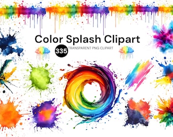 May include: A collection of colorful watercolor splash clipart elements. The image features various abstract paint splatters in vibrant hues, including blue, green, orange, and purple. Text reads "Color Splash Clipart" and "335 Transparent PNG Clipart".