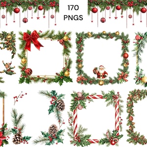 Peut inclure: Une collection d'images PNG sur le thème de Noël. Les images comprennent des cadres décoratifs avec du houx, du pin et des ornements, ainsi que des illustrations du Père Noël et d'elfes. Le texte "170 PNGS" est affiché en haut.