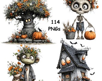 Halloween Clipart Spooky Bundle Haunted House Skeleton Tree Pumpkin Watercolor PNG Commercial Use