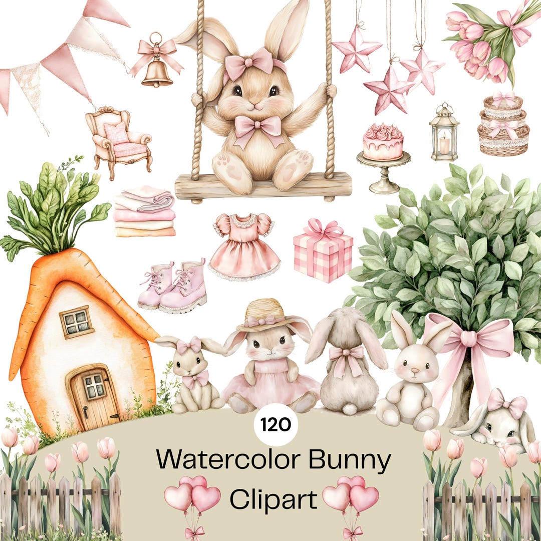 Watercolor Bunny Clipart Bundle Pink Easter Rabbits Cottagecore Spring ...