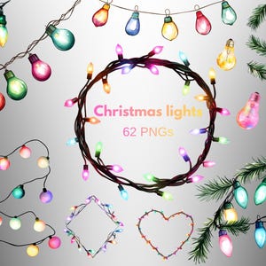 May include: Watercolor illustration of Christmas lights in various arrangements. The image features strings of colorful bulbs, a wreath, and decorative shapes. Text reads "Christmas lights 62 PNGs."