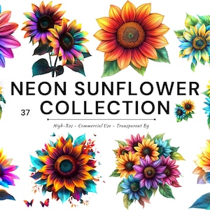 May include: A collection of vibrant, neon-coloured sunflower illustrations. The sunflowers display a spectrum of colours, including rainbow, orange, yellow, blue, and purple. The text "NEON SUNFLOWER COLLECTION" is prominently displayed, along with the number "37".