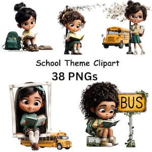 Könnte beinhalten: Digitale Illustration mit mehreren Cartoon-Kindern, die Bücher lesen. Das Bild enthält einen Schulbus, einen Rucksack und ein Bushaltestellenschild. Der Text lautet "School Theme Clipart 38 PNGs".