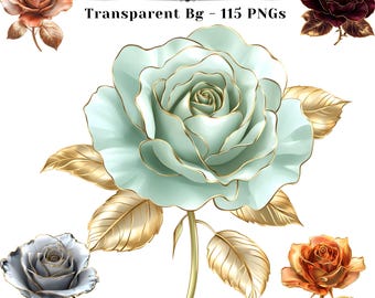 May include: Digital illustration of luxury roses in various colors, including teal, burgundy, and copper, with gold accents. The image includes the text "Luxury Roses and Gold" and "Transparent Bg - 115 PNGs".
