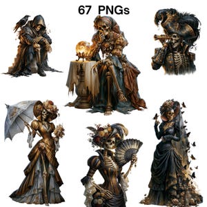 Peut inclure: Une collection de 67 fichiers numériques PNG représentant des squelettes dans diverses tenues, dont une silhouette encapuchonnée avec un corbeau, une diseuse de bonne aventure avec une boule de cristal, un pirate et des personnages en robes victoriennes.