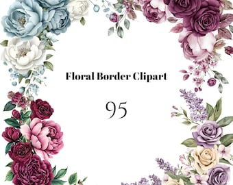 Watercolor Floral Border Clipart Bundle PNG Flower Corner Borders Wedding Invitation Frame (Digital Download)