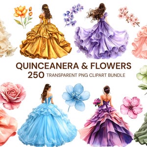 Paquete de imágenes prediseñadas de vestidos de quinceañera, PNG floral en acuarela (descarga digital)