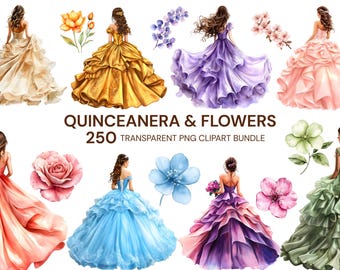 Paquete de imágenes prediseñadas de vestidos de quinceañera, PNG floral de acuarela (descarga digital)