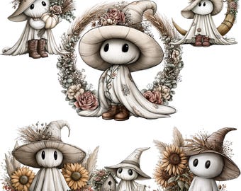 Cottagecore Ghost Clipart Boho Autumn Halloween Ghost Png Floral Witch Illustration Bundle Digital Download