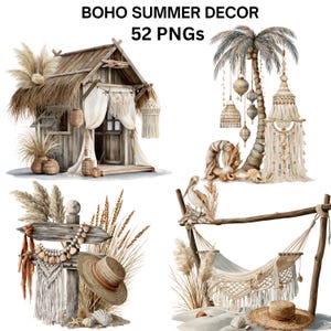 Peut inclure: Une collection numérique de 52 images PNG intitulée BOHO SUMMER DECOR comprenant une cabane de plage en bois avec macramé, un palmier avec des lanternes suspendues, un panneau en bois avec un chapeau de paille et des coquillages, et un hamac.