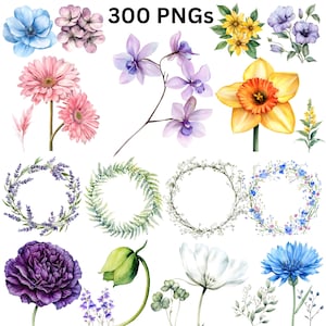 Könnte beinhalten: Aquarell-Blumen-Clip-Art-Set mit verschiedenen Blumen, Kränzen und Zweigen in Rosa-, Lila-, Gelb- und Blautönen. Der Text "300 PNGs" ist oben zu sehen. Ideal für digitale Kunstprojekte.