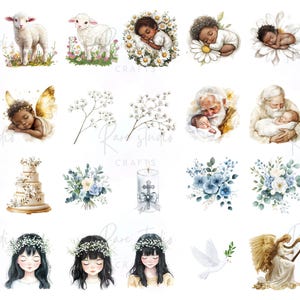 Catholic baptism clipart with watercolor bible, dove, floral wreath, and baptism gown