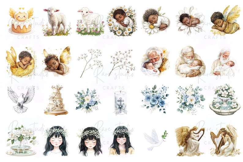 Catholic baptism clipart with watercolor bible, dove, floral wreath, and baptism gown