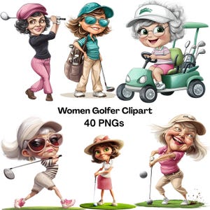 Op de afbeelding: Cartoon illustraties van vrouwelijke golfers in verschillende poses, met golfclubs, golfkarren en golfballen. De tekst "Women Golfer Clipart 40 PNGs" staat onder de afbeeldingen.