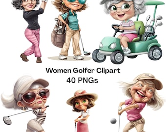 Whimsical Women Golfer Clipart Bundle Funny Golf Lady PNG High Resolution Commercial Use Artwork