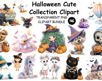 Pastel Halloween Clipart Bundle: 46 PNG Watercolor Graphics (Digital Download)