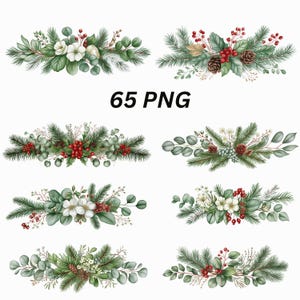 Puede incluir: Una colección de 65 ilustraciones digitales en formato PNG que muestran arreglos florales horizontales. Cada diseño incluye agujas de pino verdes, hojas de eucalipto, bayas rojas, flores blancas y piñas marrones en diversas composiciones botánicas.