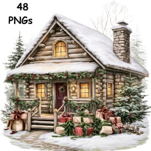 Puede incluir: Una ilustración digital de una cabaña de madera rústica cubierta de nieve, con chimenea de piedra, ventanas iluminadas y un porche decorado con guirnaldas de pino y bayas rojas. Montones de regalos envueltos descansan sobre la nieve.