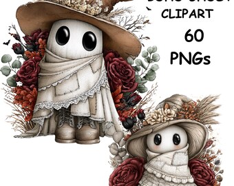 Boho Ghost Clipart Autumn Floral Cottagecore Halloween Watercolor PNG Bundle (Commercial Use - 60 PNGs)