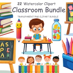 Puede incluir: Paquete de imágenes prediseñadas de acuarela con ilustraciones escolares. Incluye pilas de libros, una pizarra, un estudiante en un escritorio, un lápiz, una botella de agua con fruta, un tablón de anuncios, una caja de crayones y niños con lápices. El texto dice "22 Watercolor Clipart Classroom Bundle".
