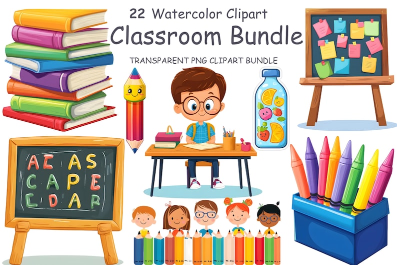 Watercolor Classroom Clipart Bundle: School Illustrations (digital ...