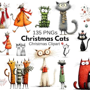 Puede incluir: Una colección de ilustraciones caprichosas de gatos navideños. La imagen presenta varios gatos de dibujos animados con accesorios festivos como bufandas, sombreros y adornos. El texto dice "135 PNGs Christmas Cats Christmas Clipart."