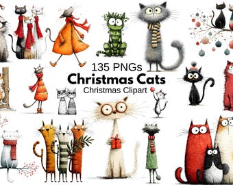 Whimsical Christmas Cats Clipart Bundle, Funny Kitten PNG for Sublimation, Winter Holiday Scrapbooking