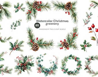 Watercolor Christmas Greenery Clipart Bundle PNG Pine Branches Holly Wreath Frames Winter Elements