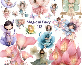Hada mágica PNG, Casas de hadas florales, Niñas de fantasía pastel, Arte infantil para guardería, Descarga instantánea