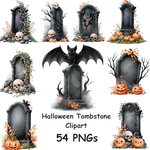 Puede incluir: Una colección de imágenes prediseñadas de lápidas de Halloween con varias lápidas de piedra gris decoradas con calaveras, calabazas naranjas, hojas de otoño, ramas de árboles desnudas y un murciélago negro. El texto dice Halloween Tombstone Clipart 54 PNGs.