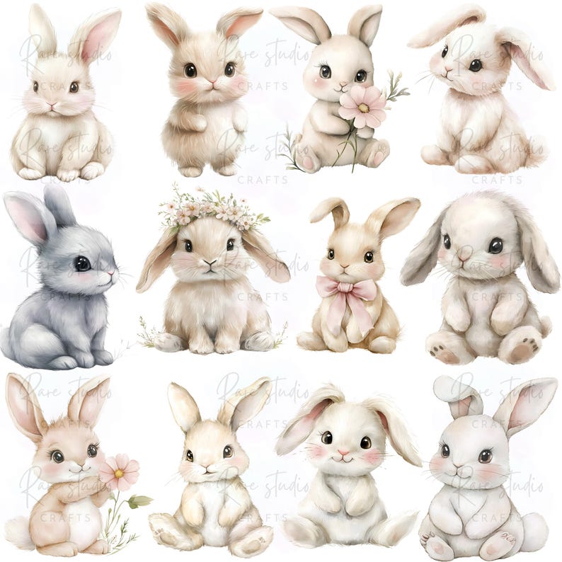 Watercolor Baby Bunny Clipart Bundle PNG, Rabbit Nursery Art ...
