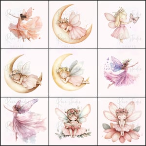Puede incluir: Nueve ilustraciones de acuarela de hadas. Cada hada est&aacute; representada con delicadas alas, coronas florales y vestidos fluidos en tonos rosa, melocot&oacute;n y morado. Algunas hadas bailan, duermen en lunas o interact&uacute;an con mariposas.