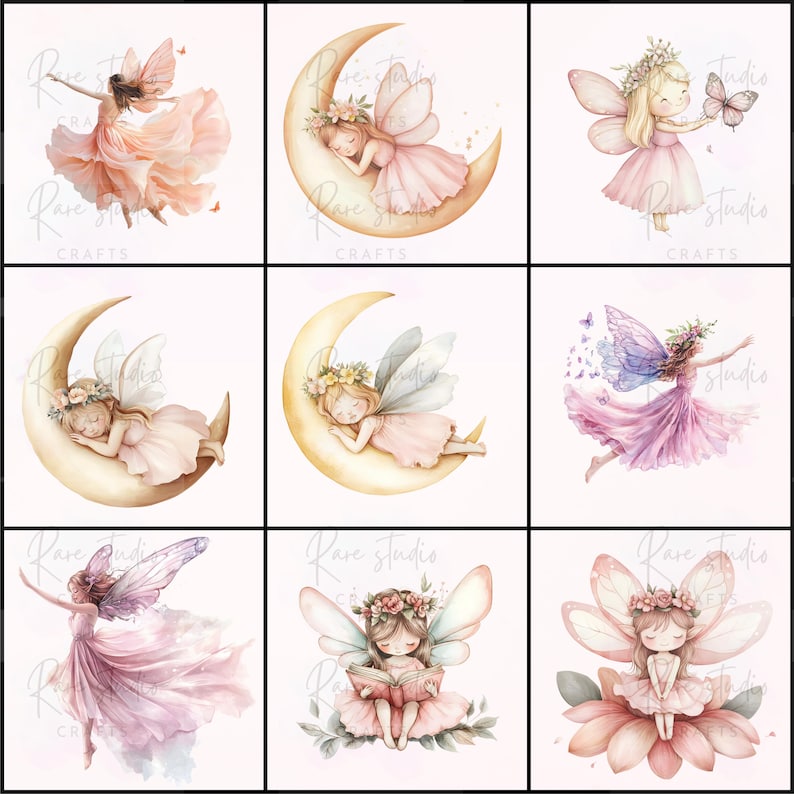 Puede incluir: Nueve ilustraciones de acuarela de hadas. Cada hada est&aacute; representada con delicadas alas, coronas florales y vestidos fluidos en tonos rosa, melocot&oacute;n y morado. Algunas hadas bailan, duermen en lunas o interact&uacute;an con mariposas.