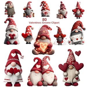 Puede incluir: Una colección de imágenes prediseñadas de gnomos de San Valentín. Los gnomos visten sombreros rojos con diseños de corazones blancos y sostienen corazones, regalos y letreros que dicen "I Love You". Algunos gnomos tienen barbas blancas. El texto "80 Valentines Gnome Clipart" está en el centro.