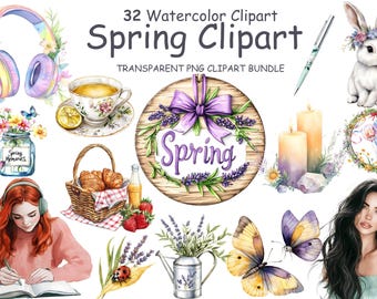 Paquete de imágenes prediseñadas de primavera en acuarela: flores bohemias, mariposas y té (32 PNG descargables)