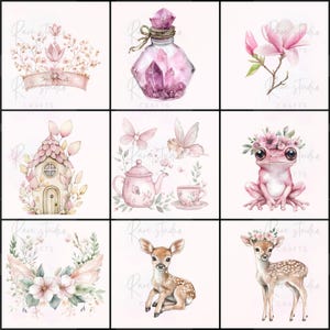 Puede incluir: Una colecci&oacute;n de ilustraciones en acuarela con elementos caprichosos. Incluye una corona rosa, una botella de poci&oacute;n con cristales, una rama de magnolia, una casa de hadas, un juego de t&eacute;, una rana con una corona de flores y dos ciervos.
