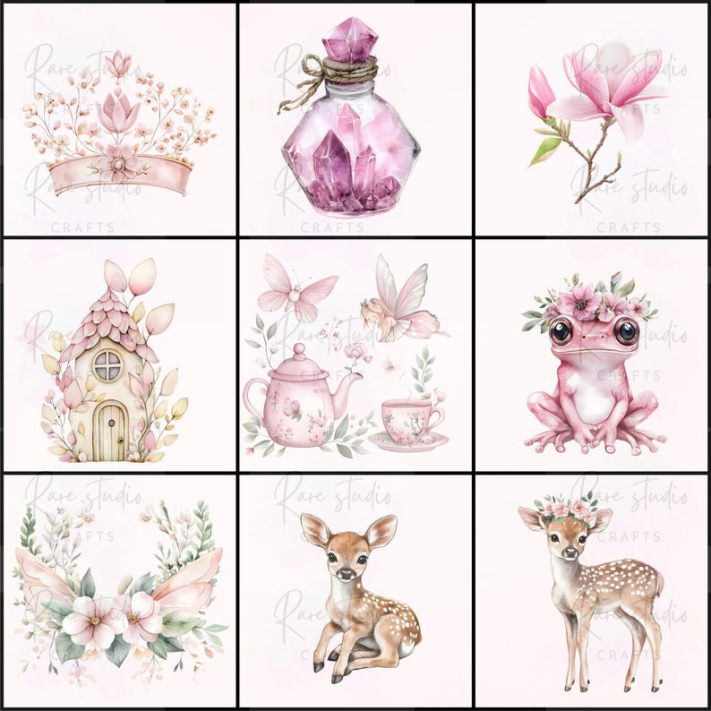 Puede incluir: Una colecci&oacute;n de ilustraciones en acuarela con elementos caprichosos. Incluye una corona rosa, una botella de poci&oacute;n con cristales, una rama de magnolia, una casa de hadas, un juego de t&eacute;, una rana con una corona de flores y dos ciervos.