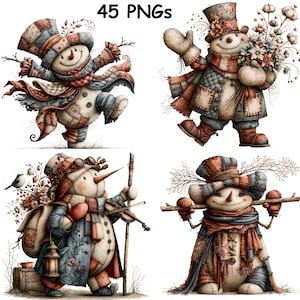 Könnte beinhalten: Eine Sammlung von 45 digitalen PNG-Illustrationen mit vier verschiedenen Schneemann-Charakteren. Jeder Schneemann trägt einen Patchwork-Hut, einen Schal und einen Mantel in gedeckten Blau- und Rottönen, ergänzt durch Accessoires wie eine Laterne und eine Geige.