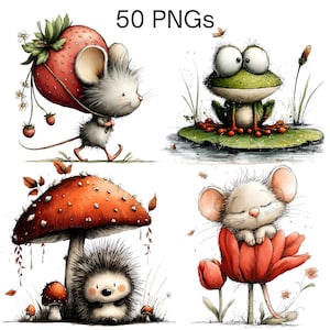 Può includere: Illustrazioni digitali di un topo con una fragola, una rana su una ninfea, un riccio sotto un fungo e un topo che dorme in un fiore. Il testo "50 PNGs" è presente.