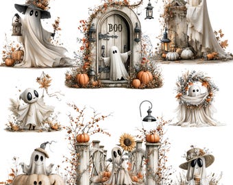 Chic Halloween Ghost Clipart Bundle Cottagecore Autumn Watercolor Spooky Pumpkin PNG Illustration Digital Download