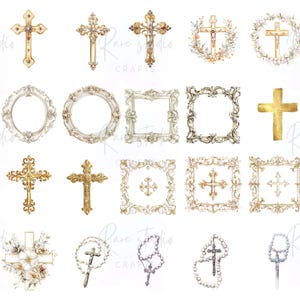 Religious clipart PNG with watercolor dove, cross, bible, and christening candle design