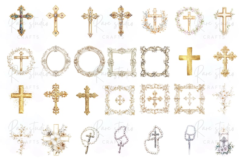 Religious clipart PNG with watercolor dove, cross, bible, and christening candle design